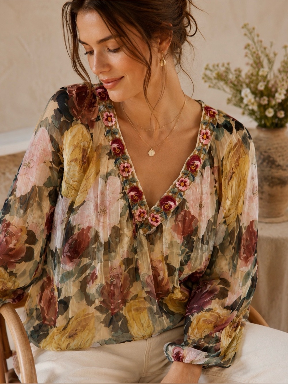 Sundance Floral Embroidered Boho Blouse Sheer V Neck Top Medium